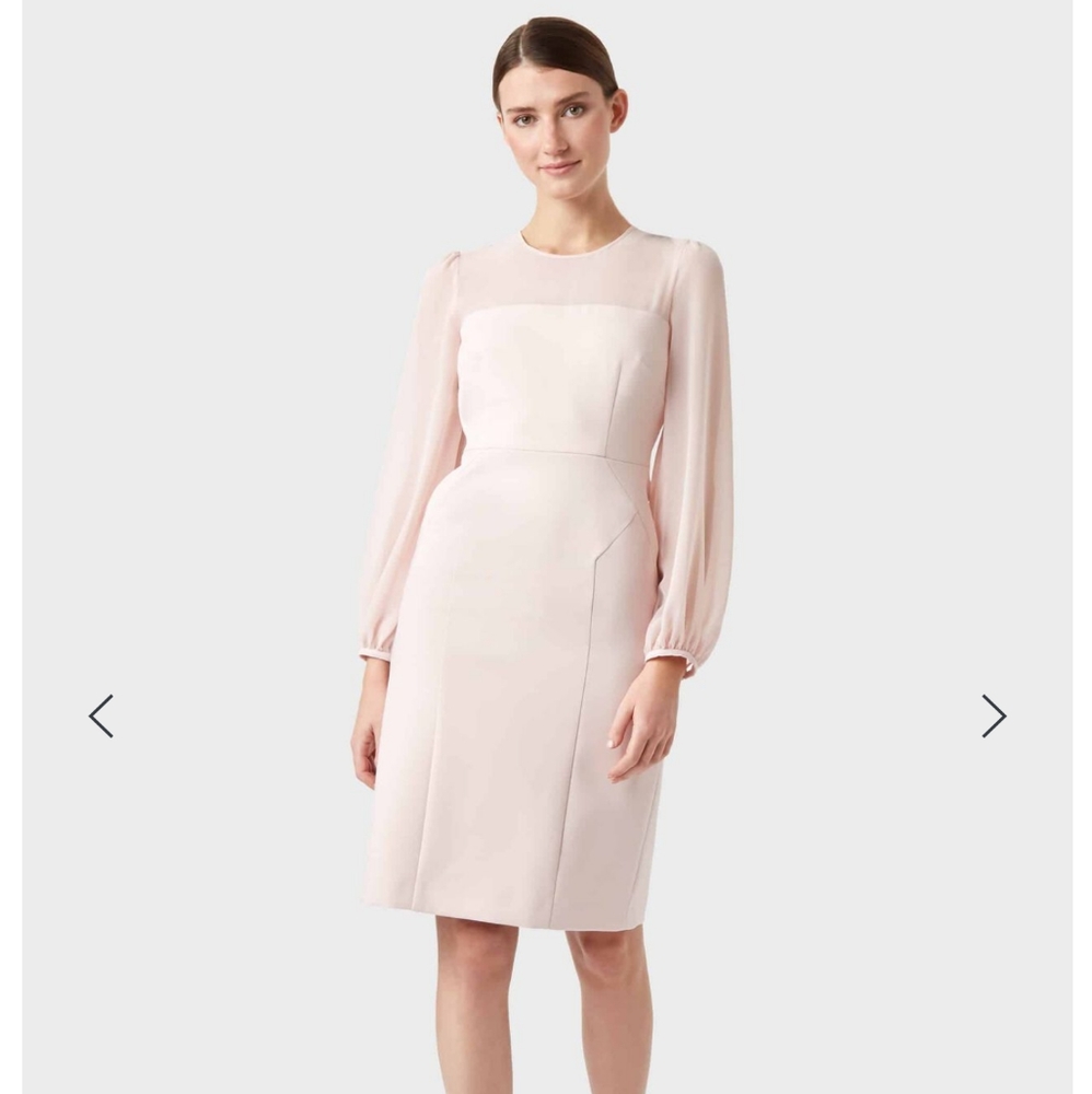 Hobbs Pale Pink Blush Mila Shift Dress Midi Long Sleeve Sheer Sleeve Size 8